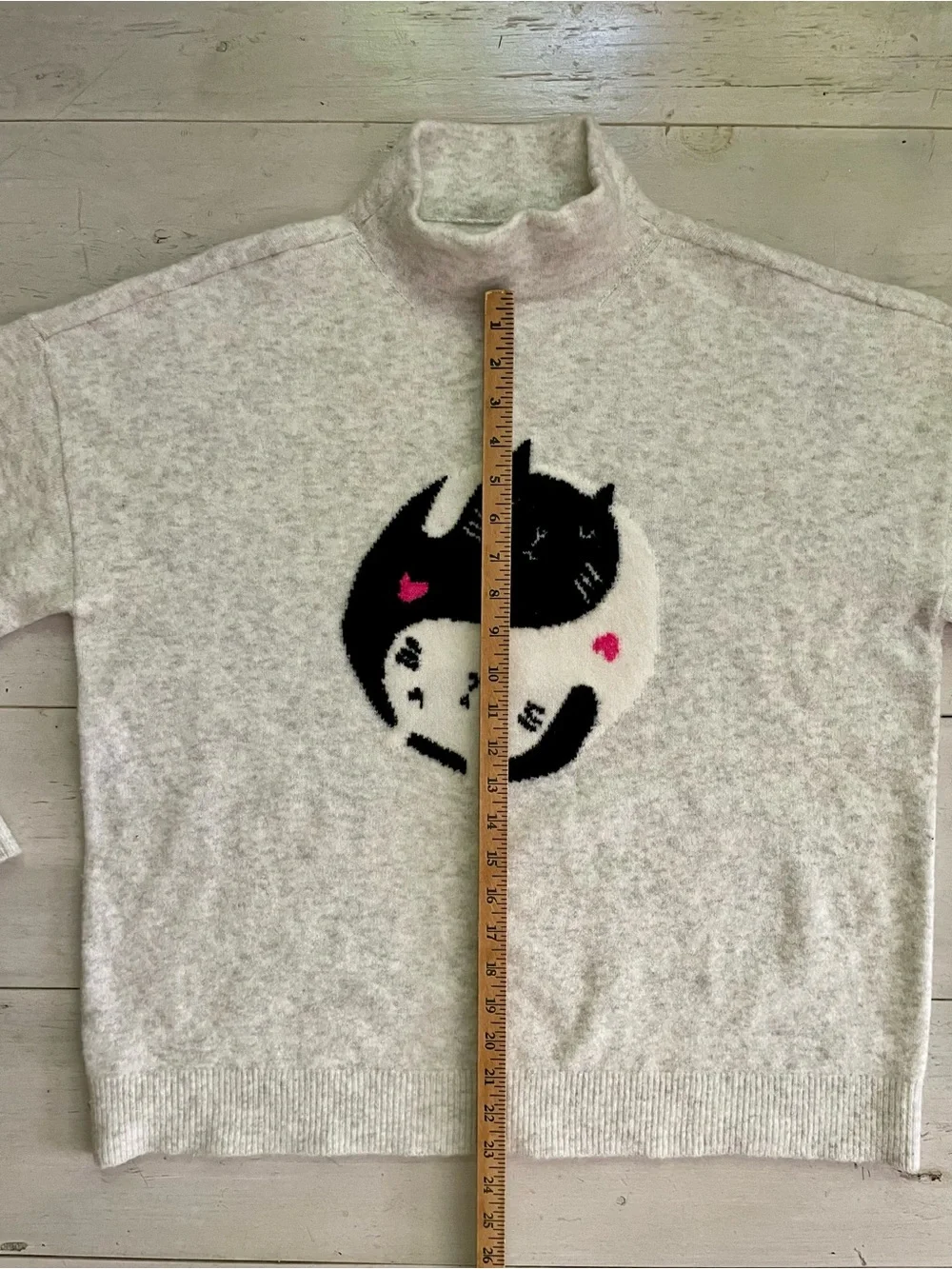 LOFT Light Heather Gray Cats Yin Yang Cozy Wool Blend Sweater Sz XL Mock T-Neck